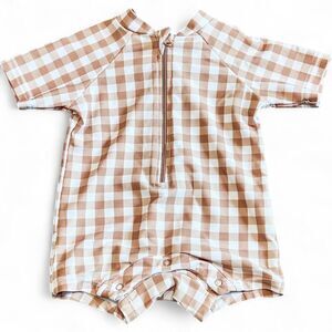 Mebie Baby Brown White Short Sleeve Gingham One Piece Rashguard Swimsuit 3-6M